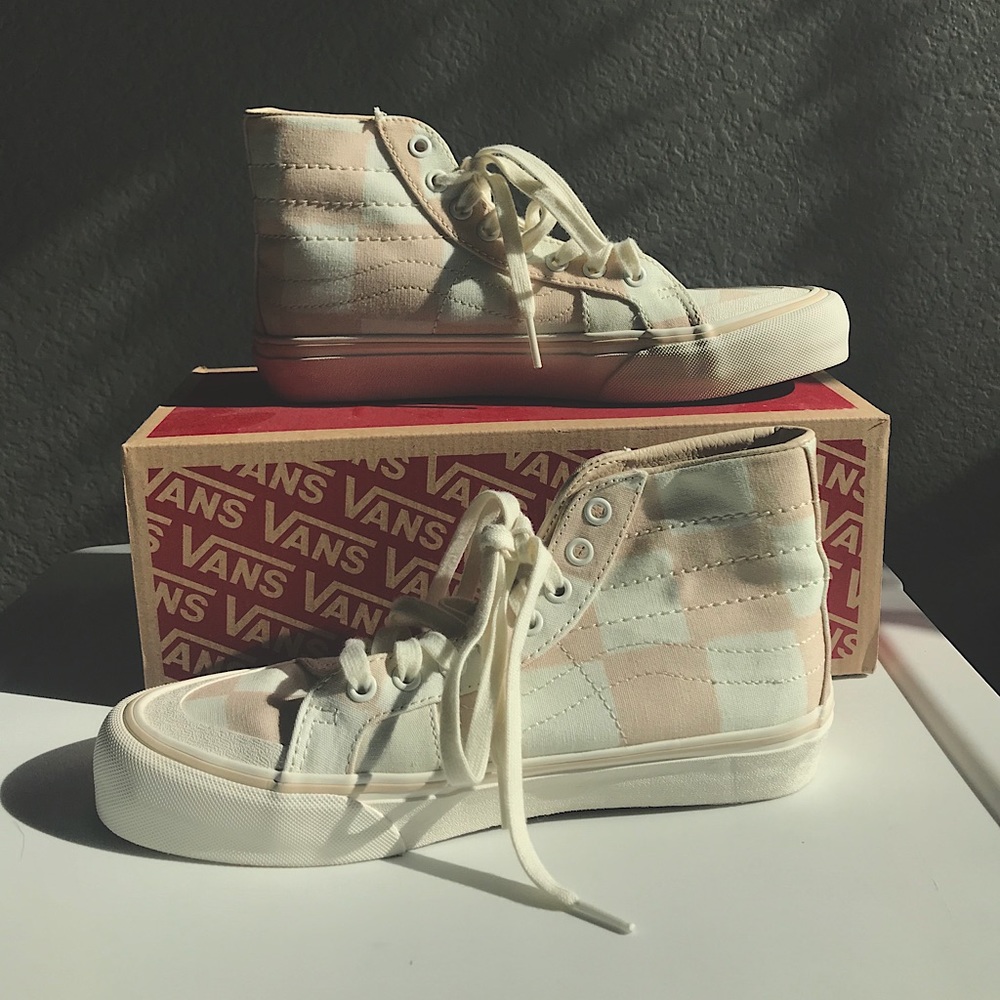 Vans checkered pink & white sk8 high top shoes